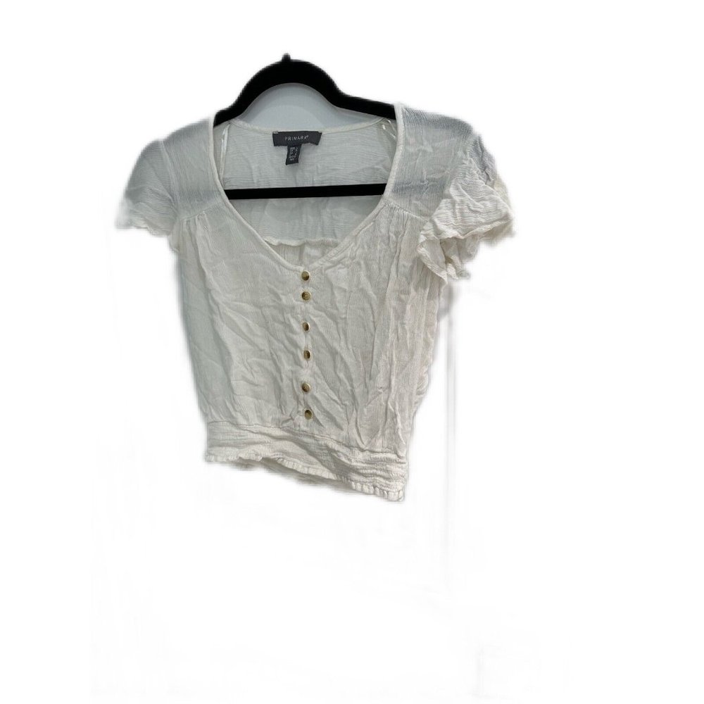 Primark Women's Button White Short Flutter Sleeve Elastic Bottom Crop To…